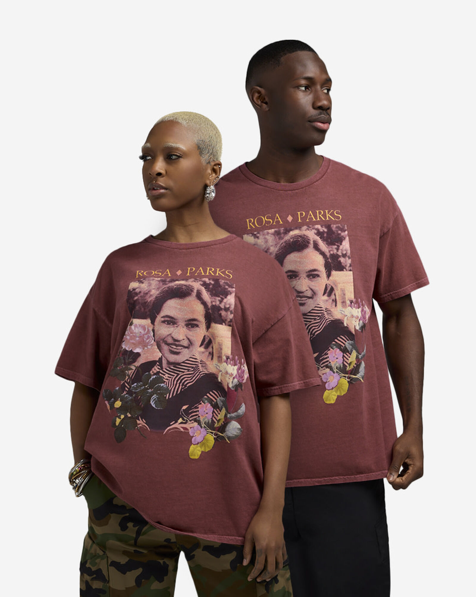 Rosa Parks Flowers Tee Maroon Washed