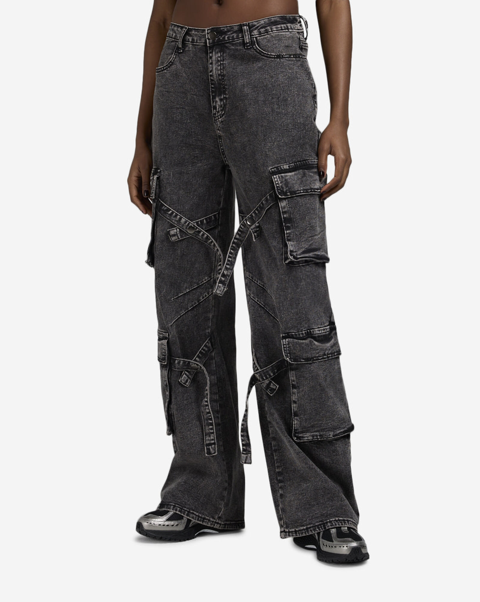 4Pkt Criss Cross Straps Cargo Denim Acid Black