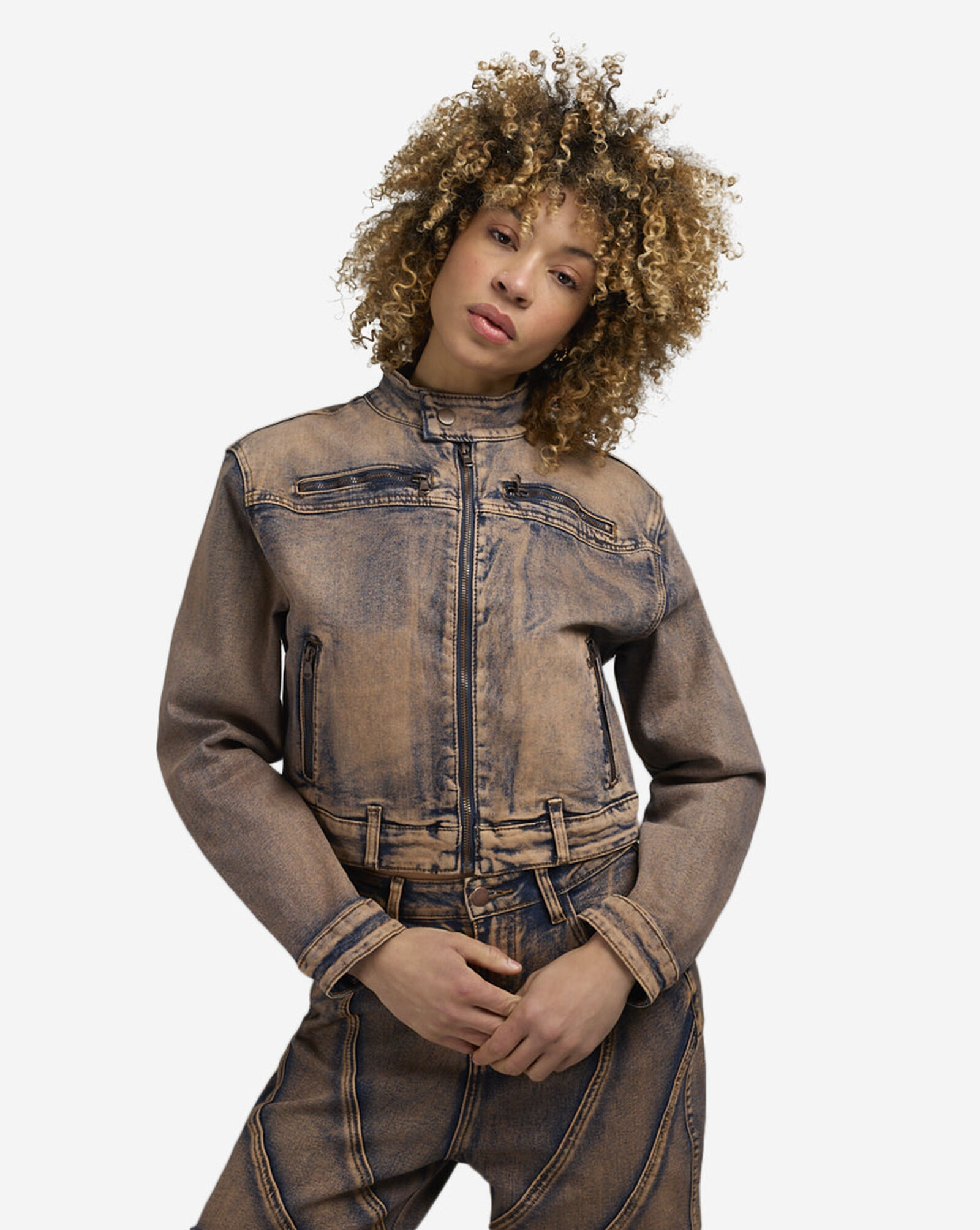 Colored Washed Moto Denim Jacket Copper