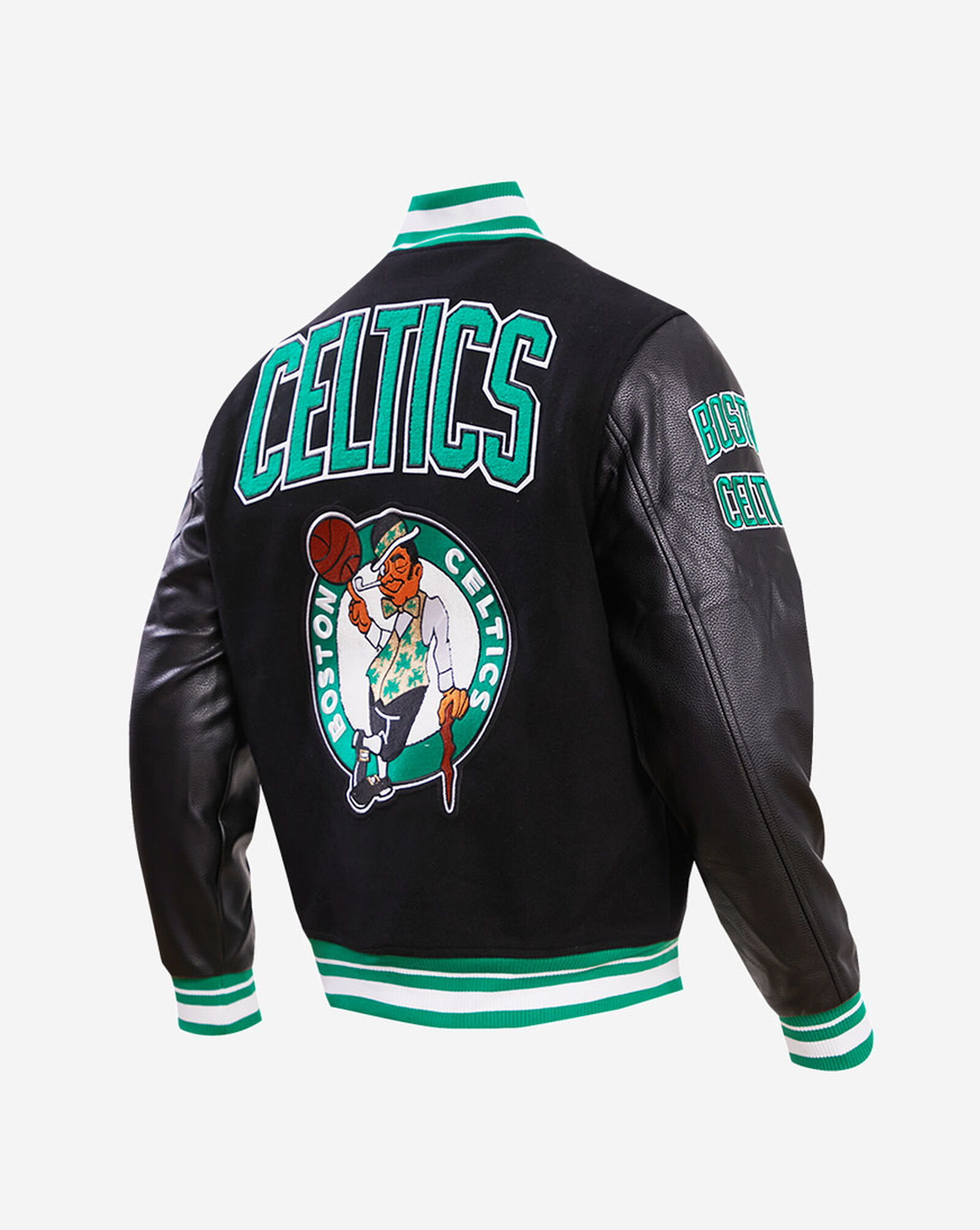 Boston Celtics Retro Classic Rib Wool Varsity Jacket Black | Green 3 Boston Celtics Retro Classic Rib Wool Varsity Jacket Black | Green