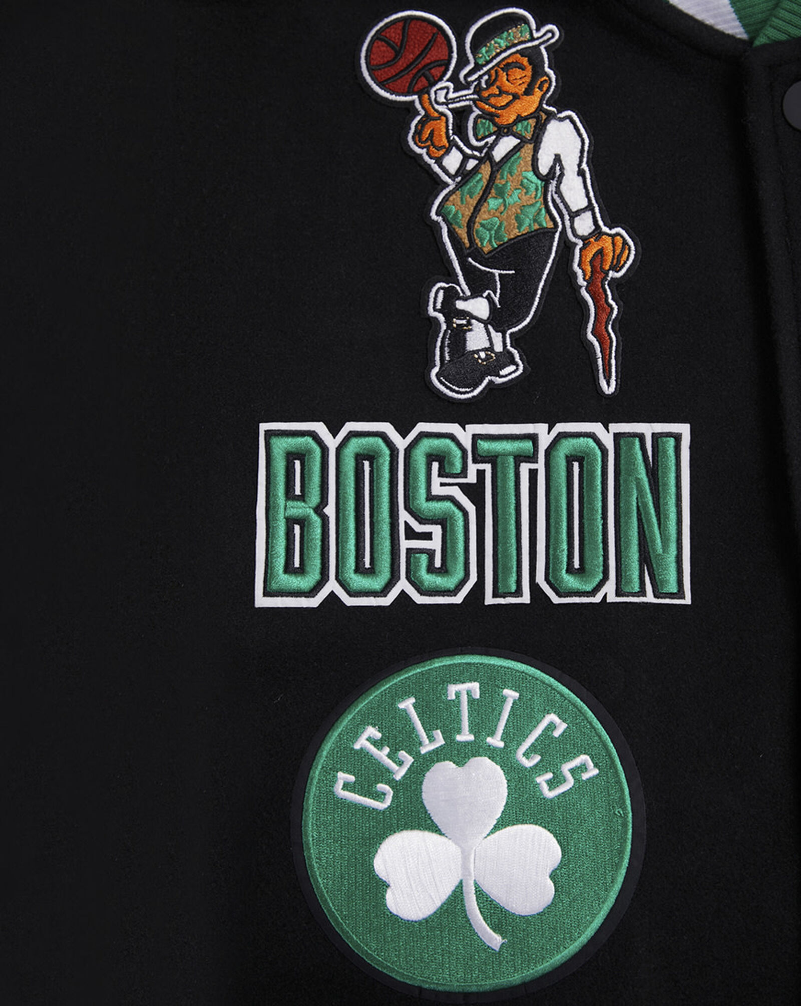 Boston Celtics Retro Classic Rib Wool Varsity Jacket Black | Green 4 Boston Celtics Retro Classic Rib Wool Varsity Jacket Black | Green