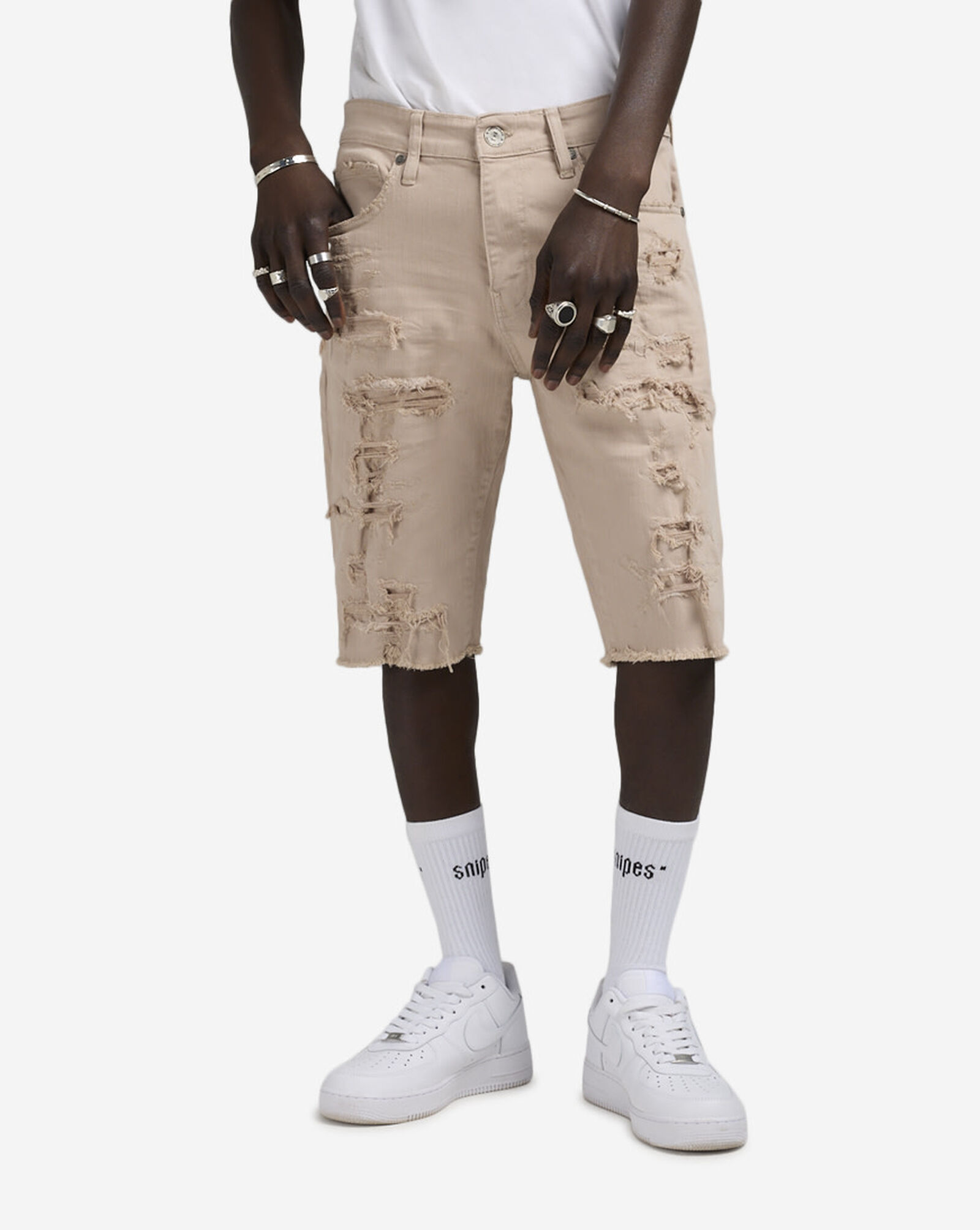 Rip and Repair Twill Shorts Sand Beige