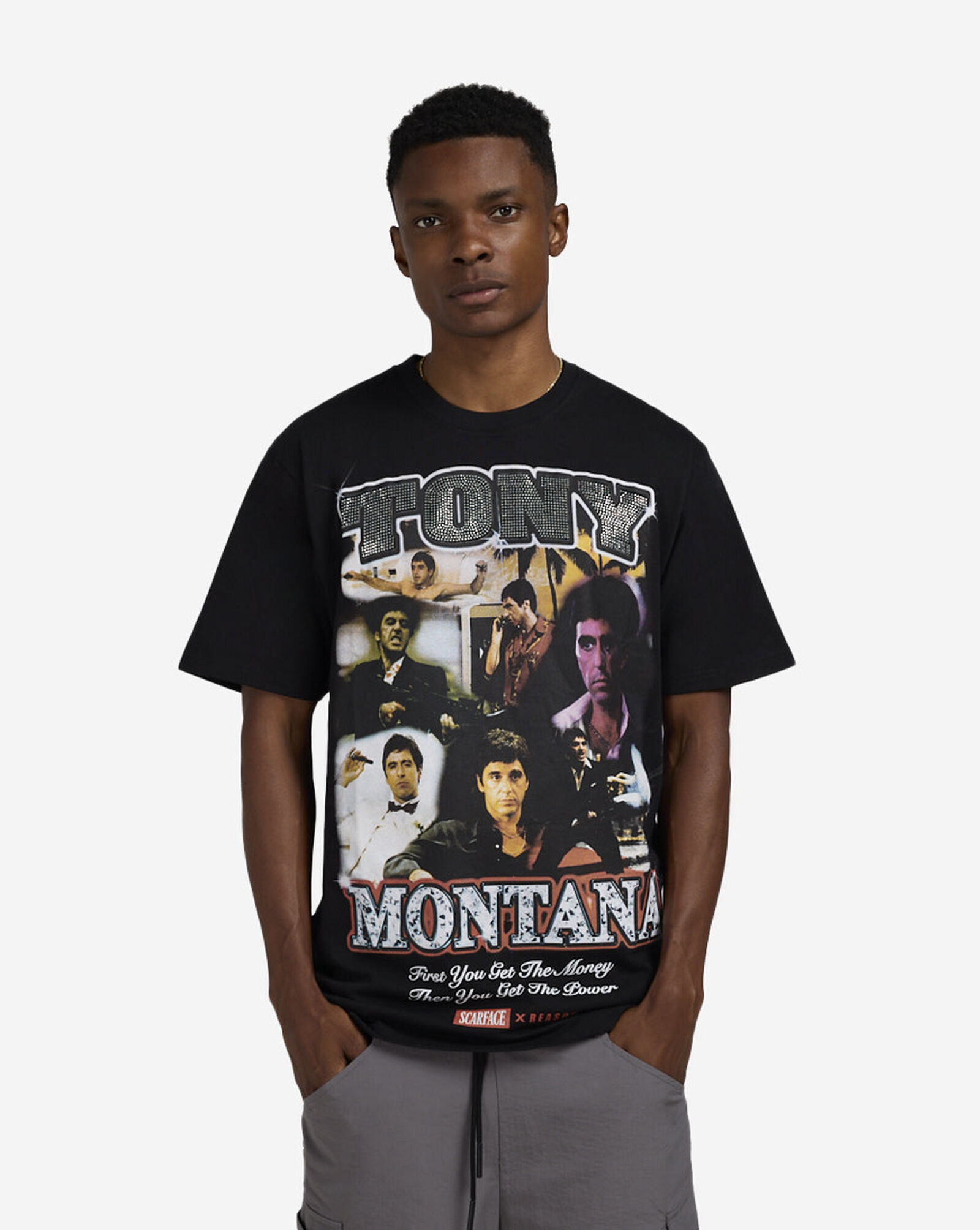 Scarface Faces Tony Montana Rhinestone Tee Black