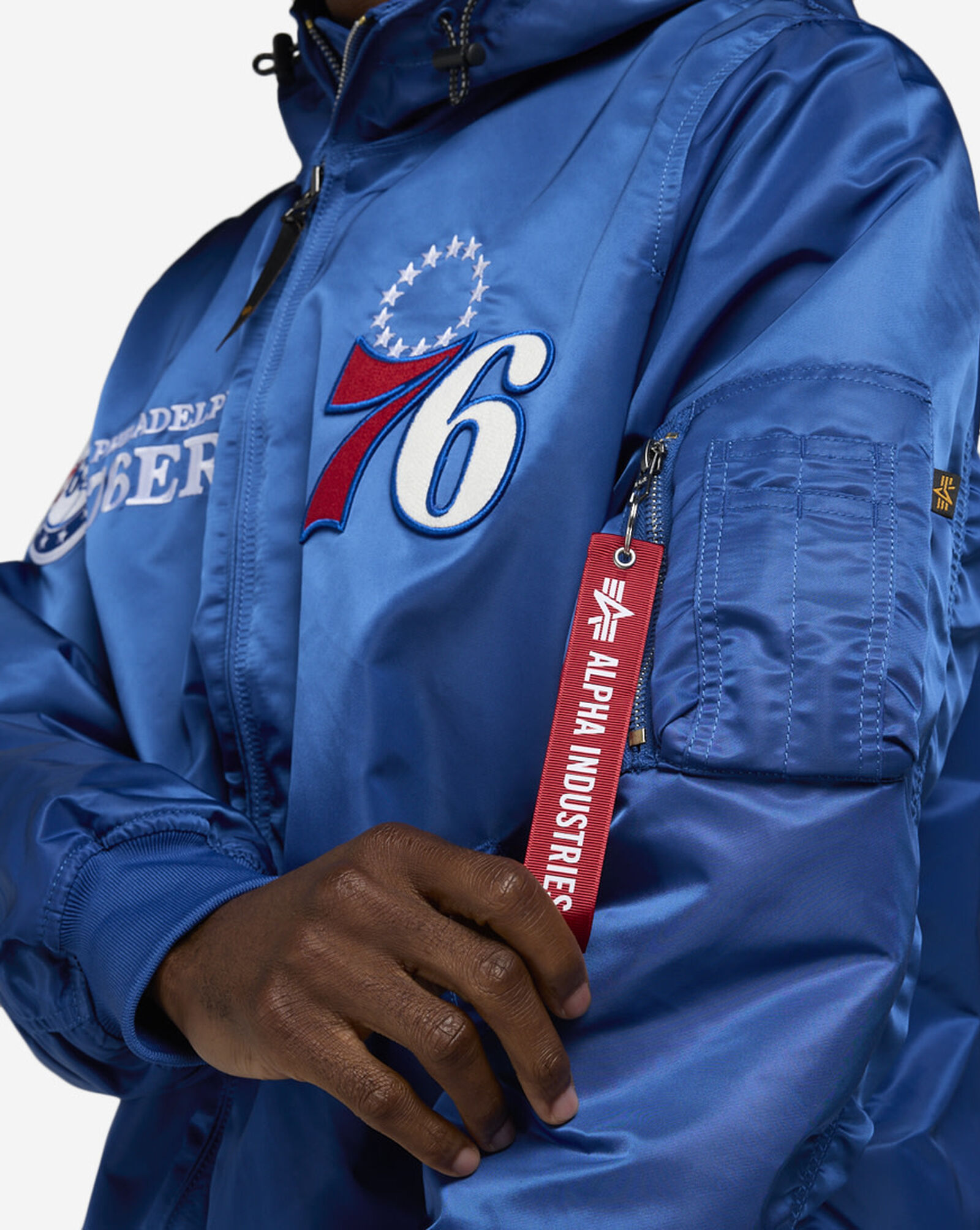 Alpha Industries Historic L-2B Philadelphia 76ers Hooded Bomber Jacket Blue 3 Alpha Industries Historic L-2B Philadelphia 76ers Hooded Bomber Jacket Blue