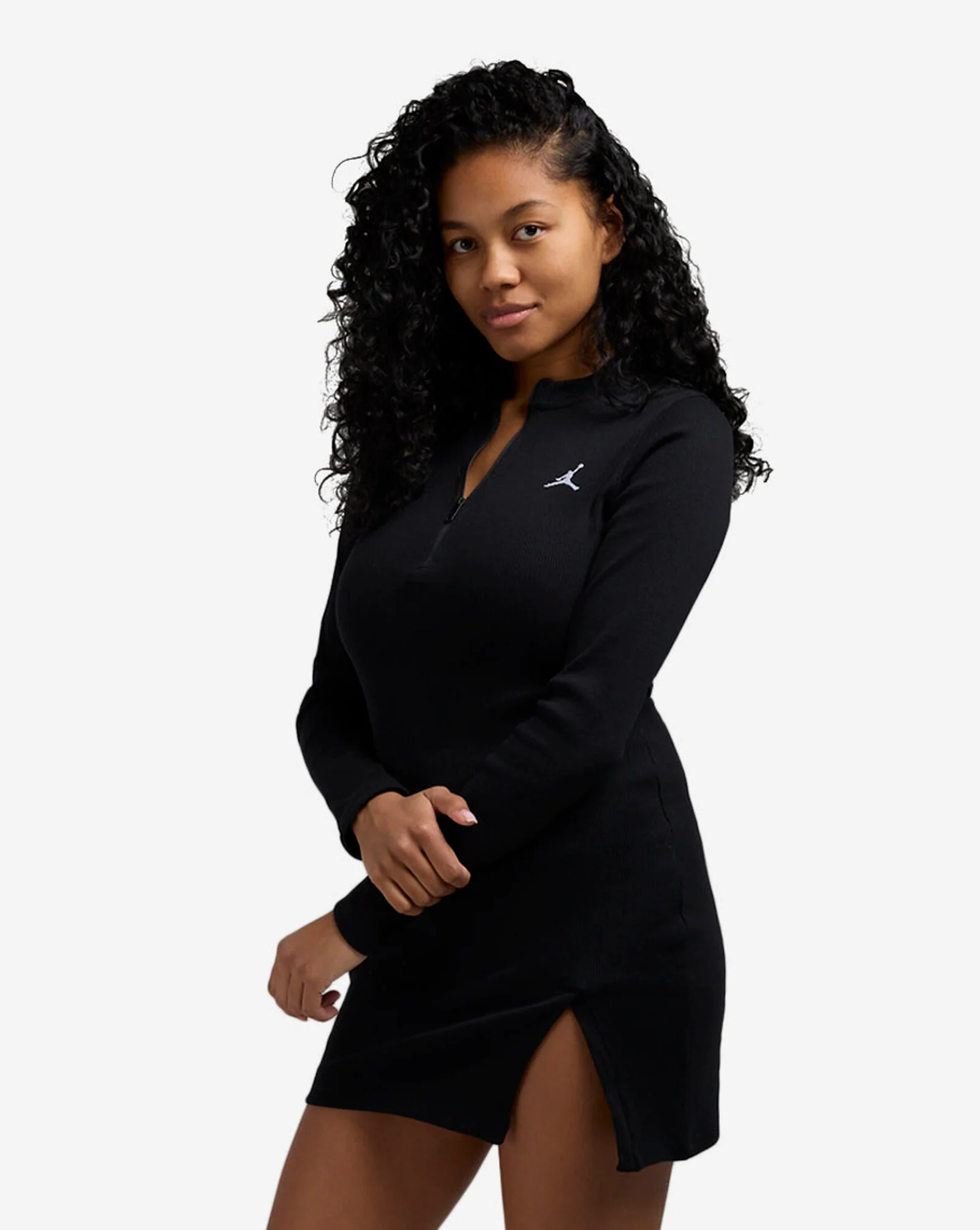 1/2-Zip Long-Sleeve Knit Dress Black